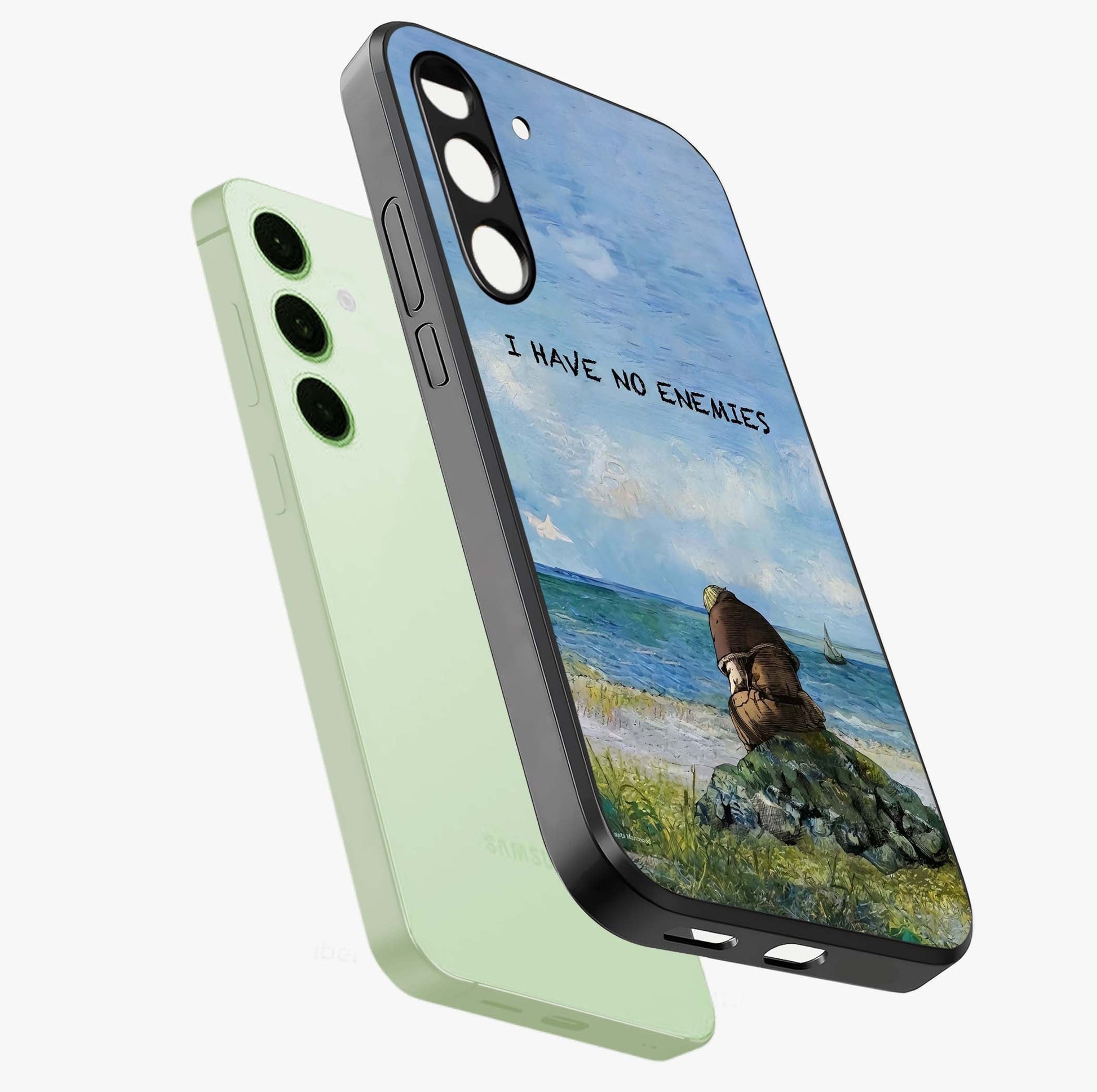 Peace Beyond War Glass Case displayed in angled mockup highlighting meaningful message design with artistic aesthetic style.