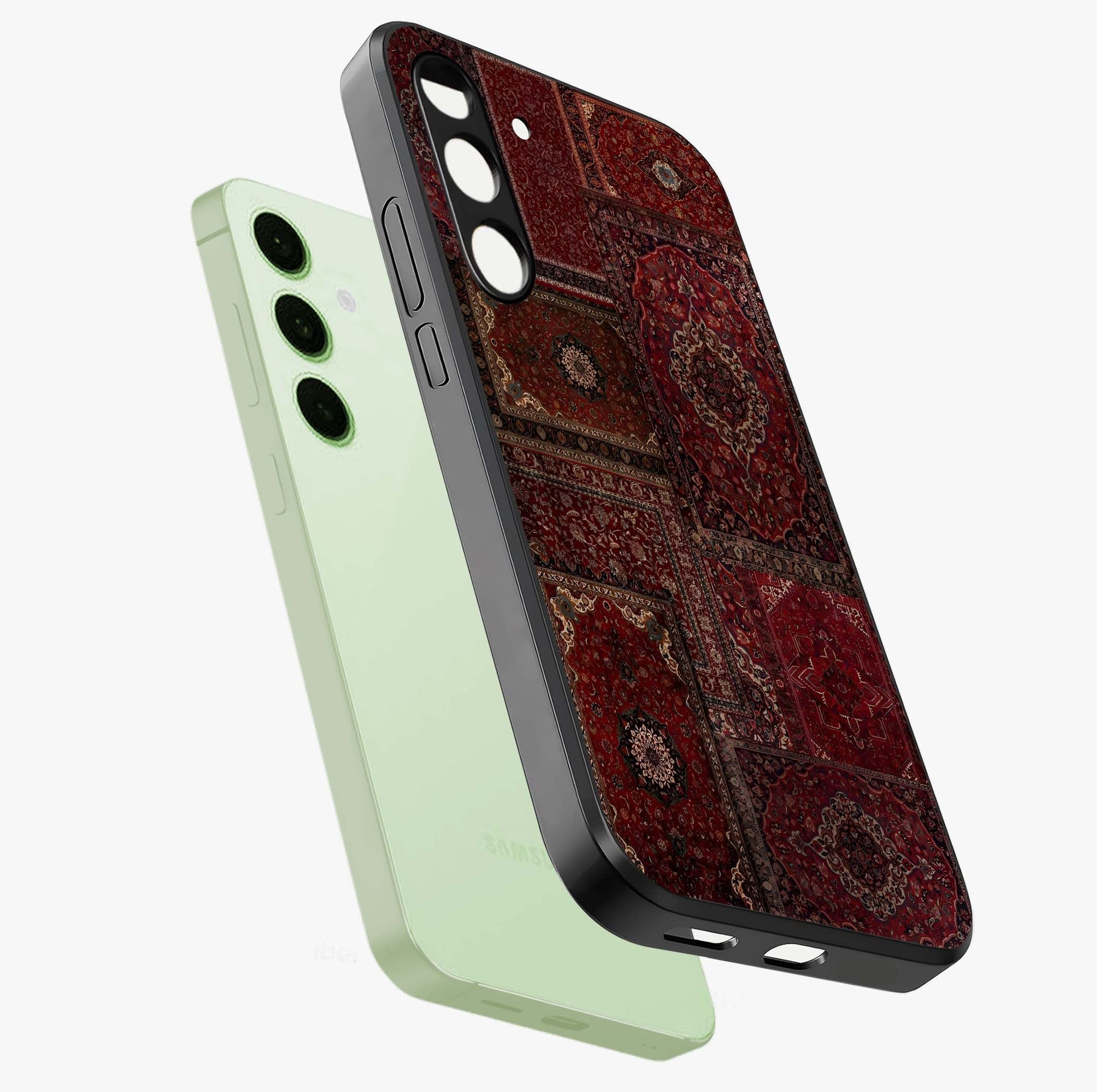 Persian Velvet Tale Glass Case displayed in angled mockup highlighting ornate textile inspired design with royal aesthetic.