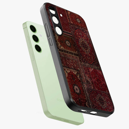 Persian Velvet Tale Glass Case displayed in angled mockup highlighting ornate textile inspired design with royal aesthetic.