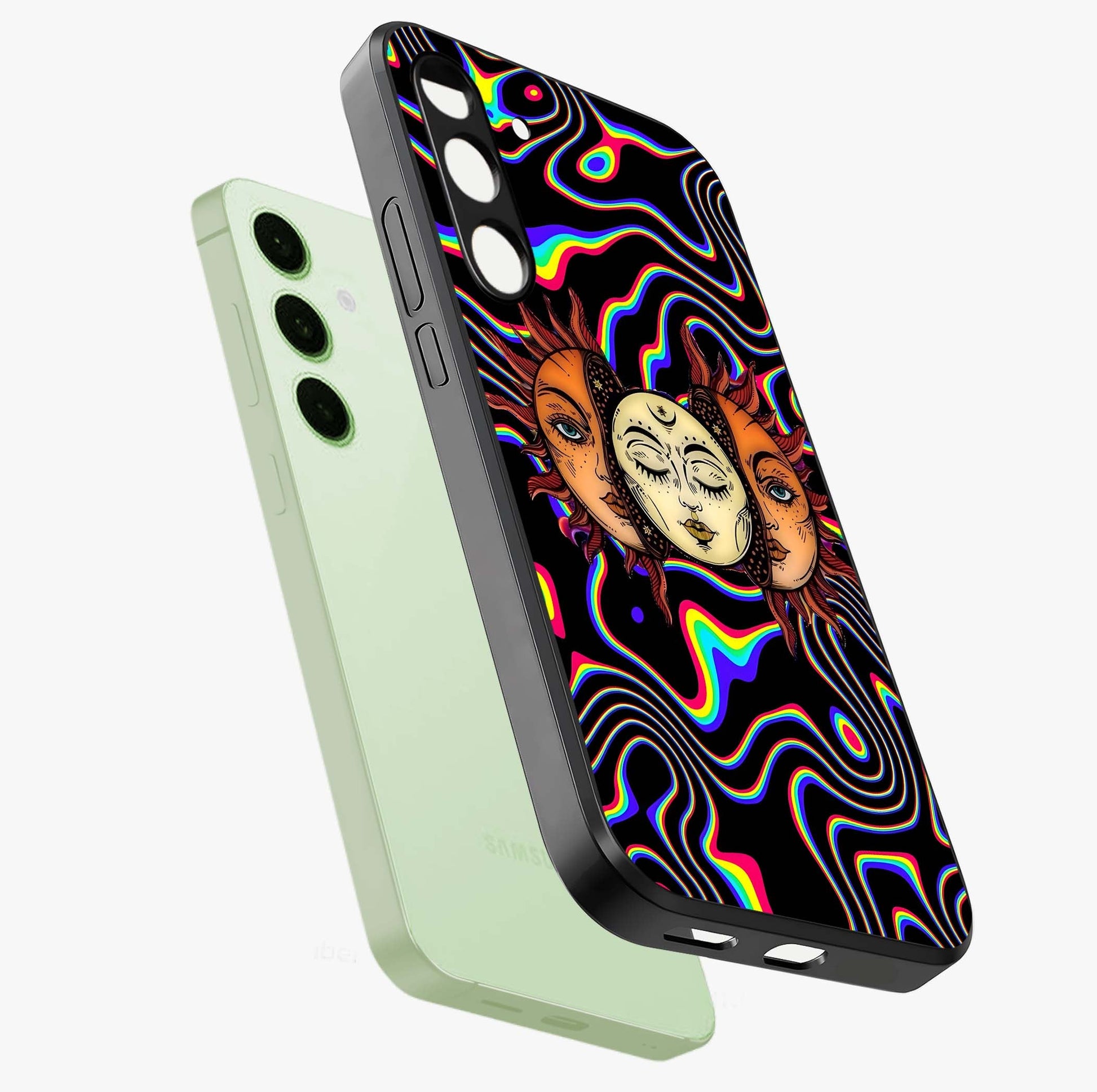 Psychedelic Sun Glass Case displayed in angled mockup highlighting vibrant abstract sun design with artistic aesthetic style.