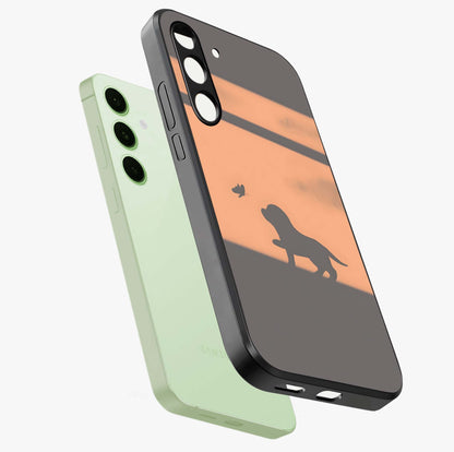 Puppy Shadow Art Glass Case displayed in angled mockup highlighting playful dog illustration with artistic shadow aesthetic.