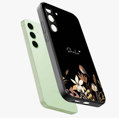 Quiet Garden Tune Custom Name Glass Case displayed in angled mockup highlighting delicate floral garden design with custom name feature.