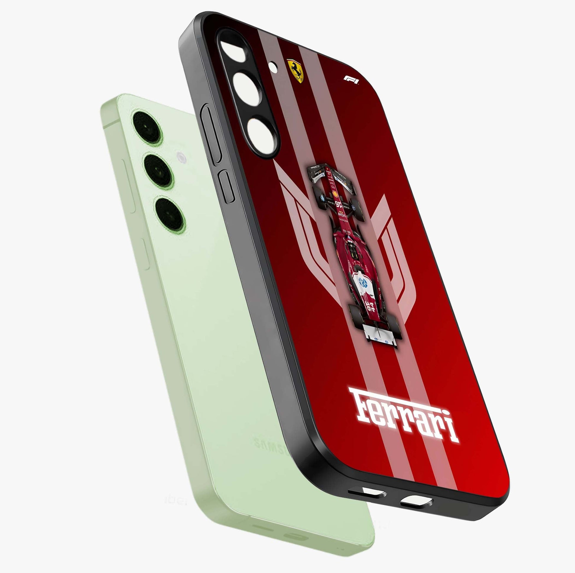 Red Ferrari F1 Vertical Glass Case displayed in angled mockup highlighting high speed racing design with bold automotive aesthetic.