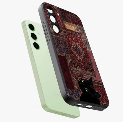 Regal Magic Cat Apple Glass Case displayed in angled mockup highlighting whimsical feline design with fantasy aesthetic.