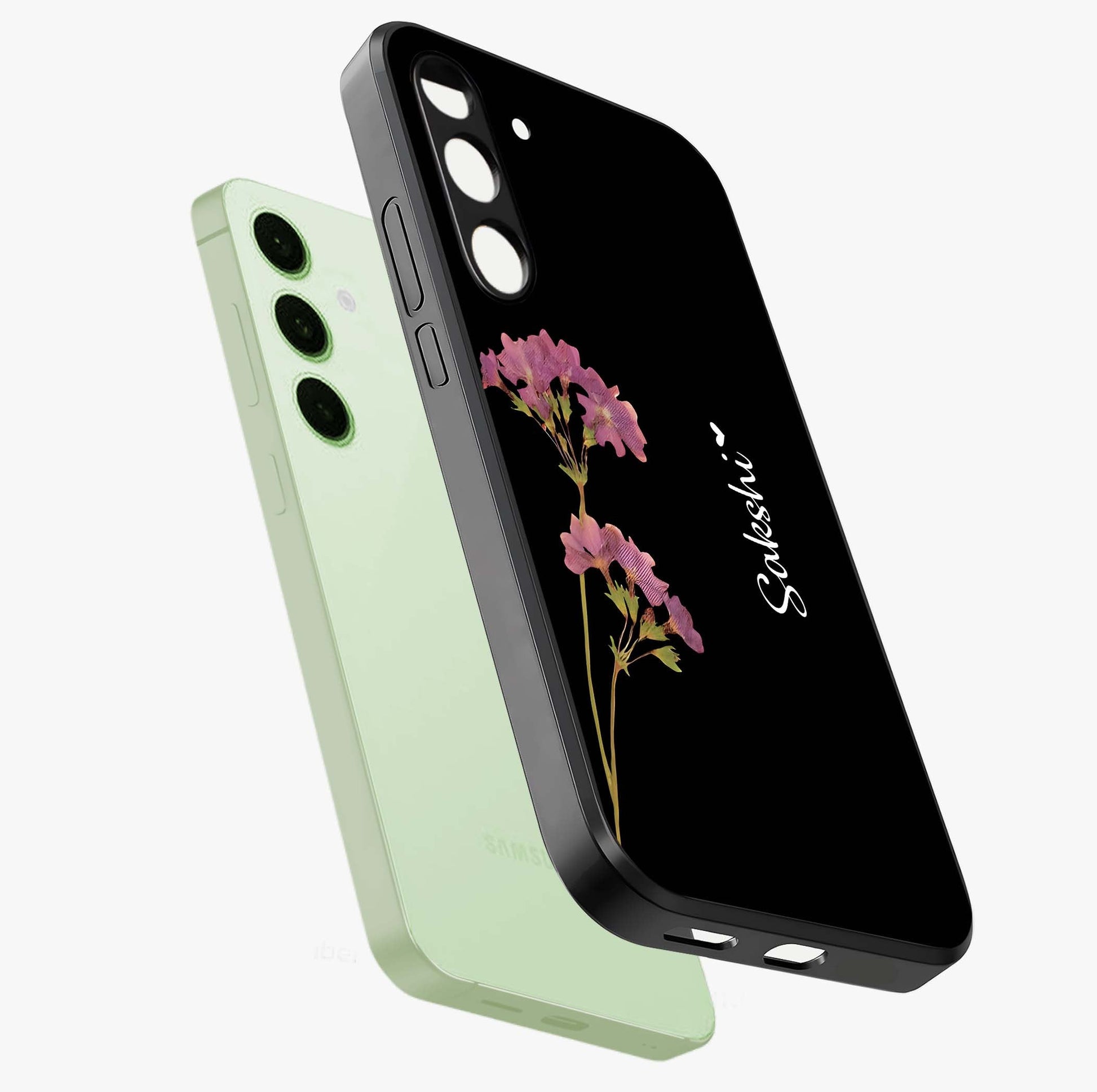 Riching Lavender Flower Custom Name Glass Case displayed in angled mockup highlighting delicate lavender flower design with custom name feature.