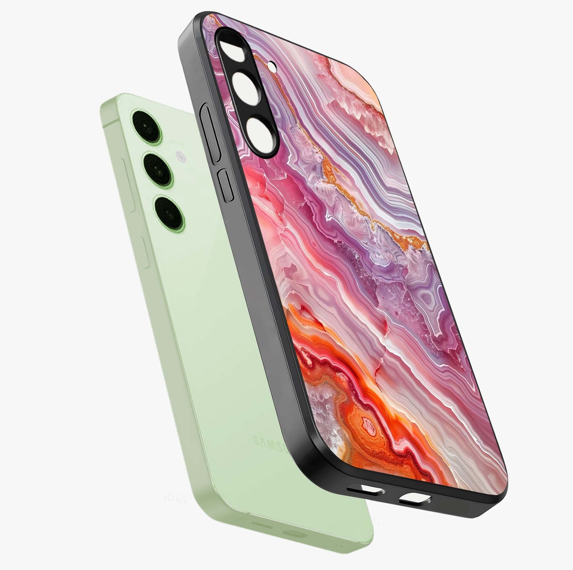 Rose Quartz Marble Glass Case displayed in angled mockup highlighting elegant marble pattern with soft aesthetic style.