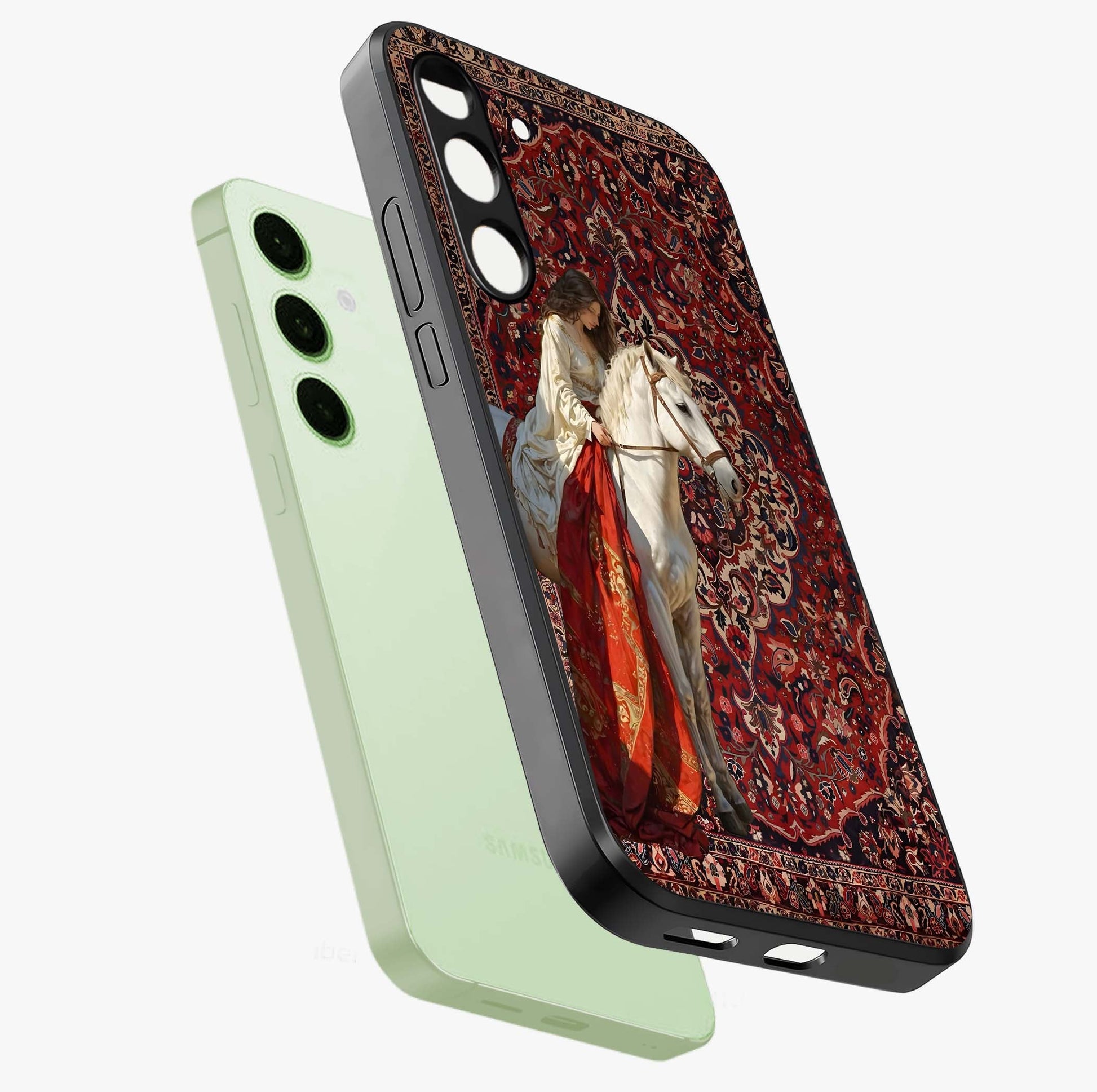 Royal Rider Tapestry Glass Case displayed in angled mockup highlighting traditional tapestry design with royal heritage aesthetic.