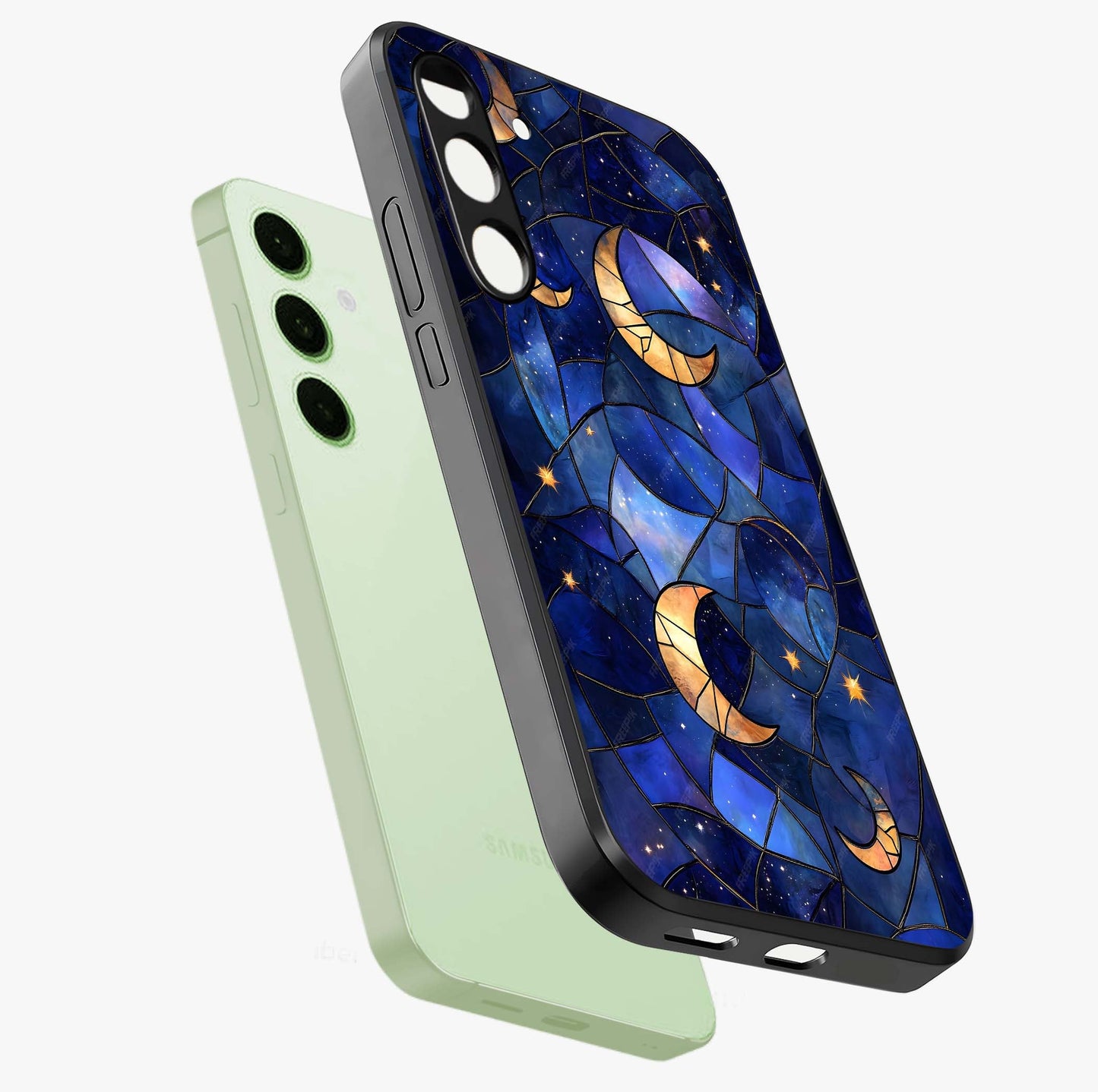 Starlit Sky Tapestry Glass Case displayed in angled mockup highlighting celestial night pattern with artistic aesthetic style.
