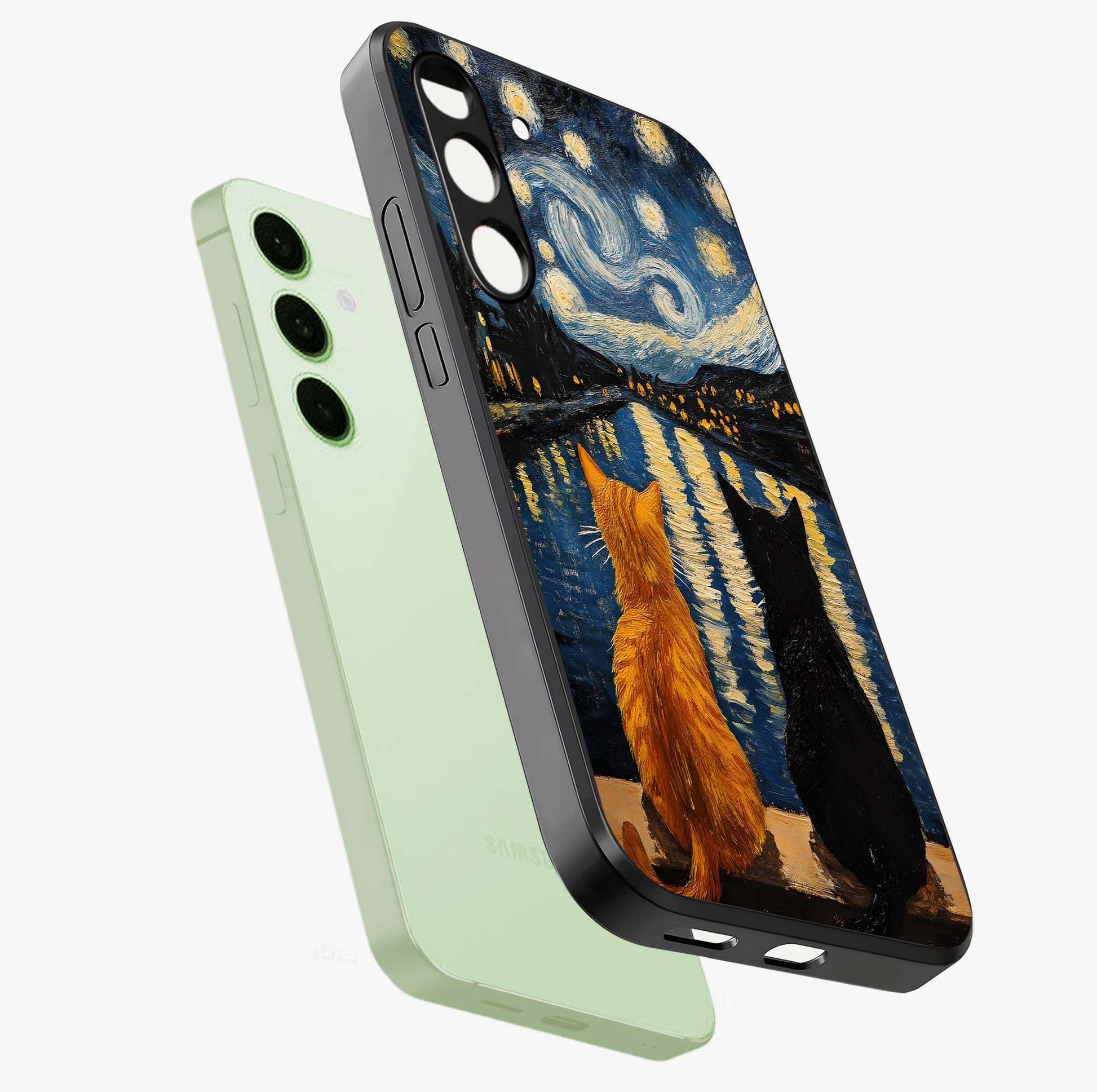 Starry River Cats Glass Case displayed in angled mockup highlighting charming feline illustration with dreamy night aesthetic.