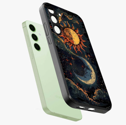 Sun And Moon Magic Design Glass Case displayed in angled mockup highlighting celestial design with magical cosmic aesthetic.