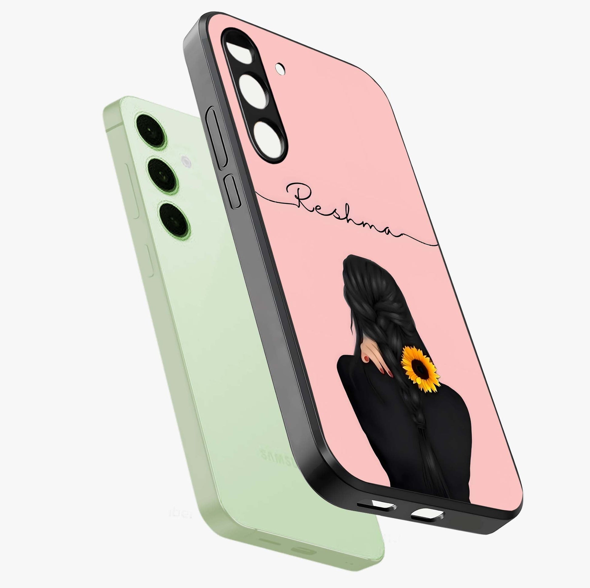 Sunflower Braid Beauty With Custom Name Glass Case displayed in angled mockup highlighting elegant sunflower design with custom name feature.