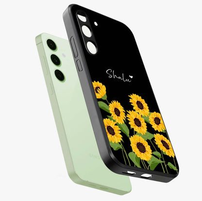 Sunflower Chic Mood Custom Name Glass Case displayed in angled mockup highlighting vibrant sunflower design with custom name feature.
