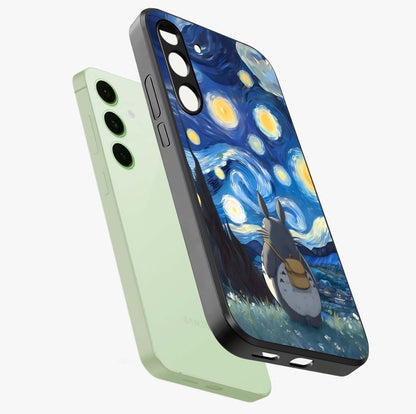 Totoro In Van Gogh Art Glass Case displayed in angled mockup highlighting artistic swirling sky design with playful animation aesthetic.