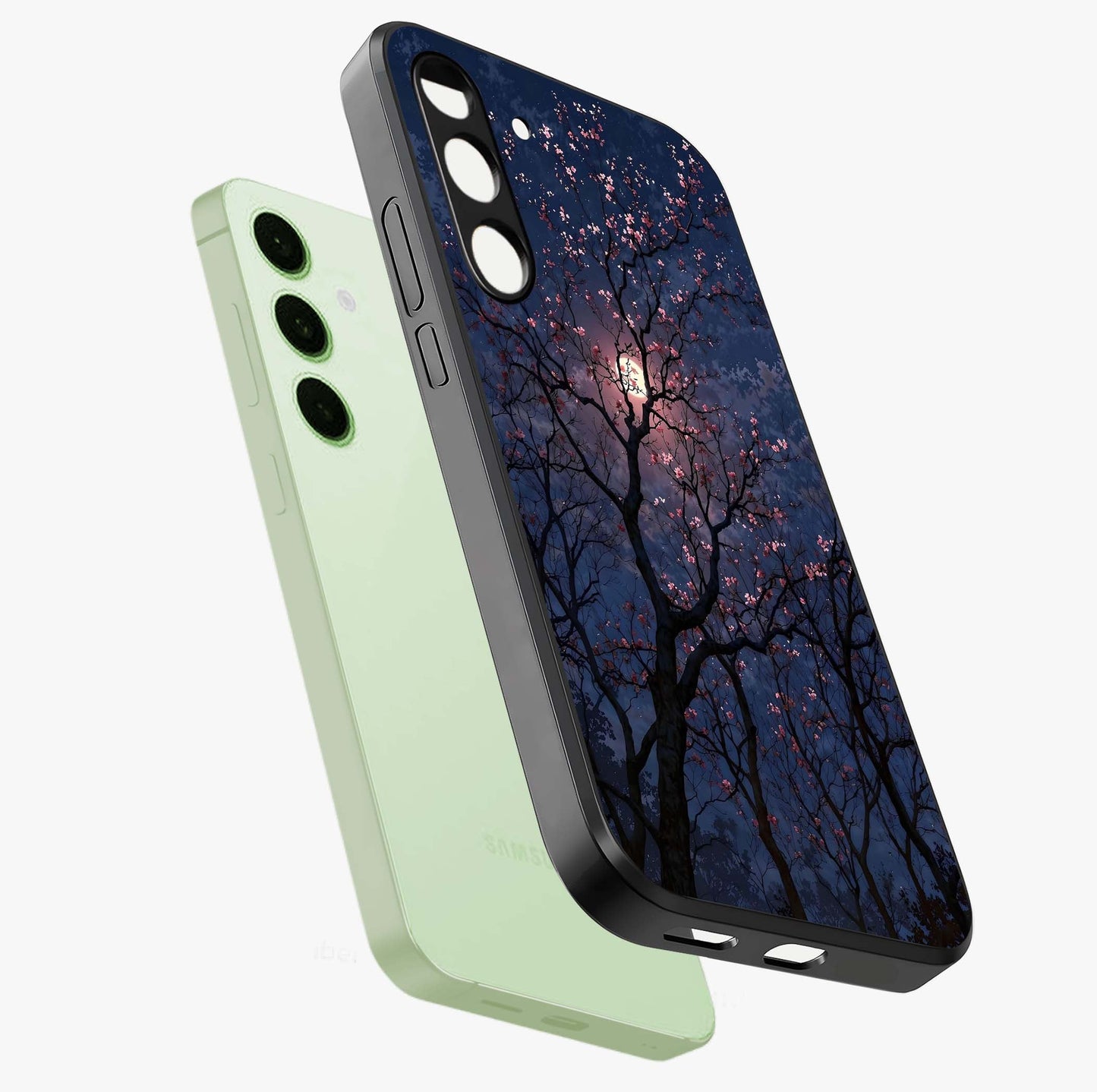 Twilight Sakura Serenade Glass Case displayed in angled mockup highlighting delicate sakura flower design with dreamy aesthetic.