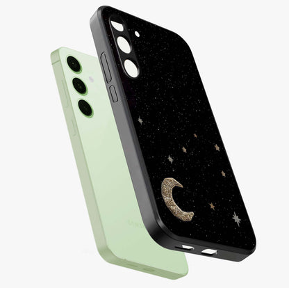 Twinkle Star With Half Moon Glass Case displayed in angled mockup highlighting celestial moon and star design with magical aesthetic.