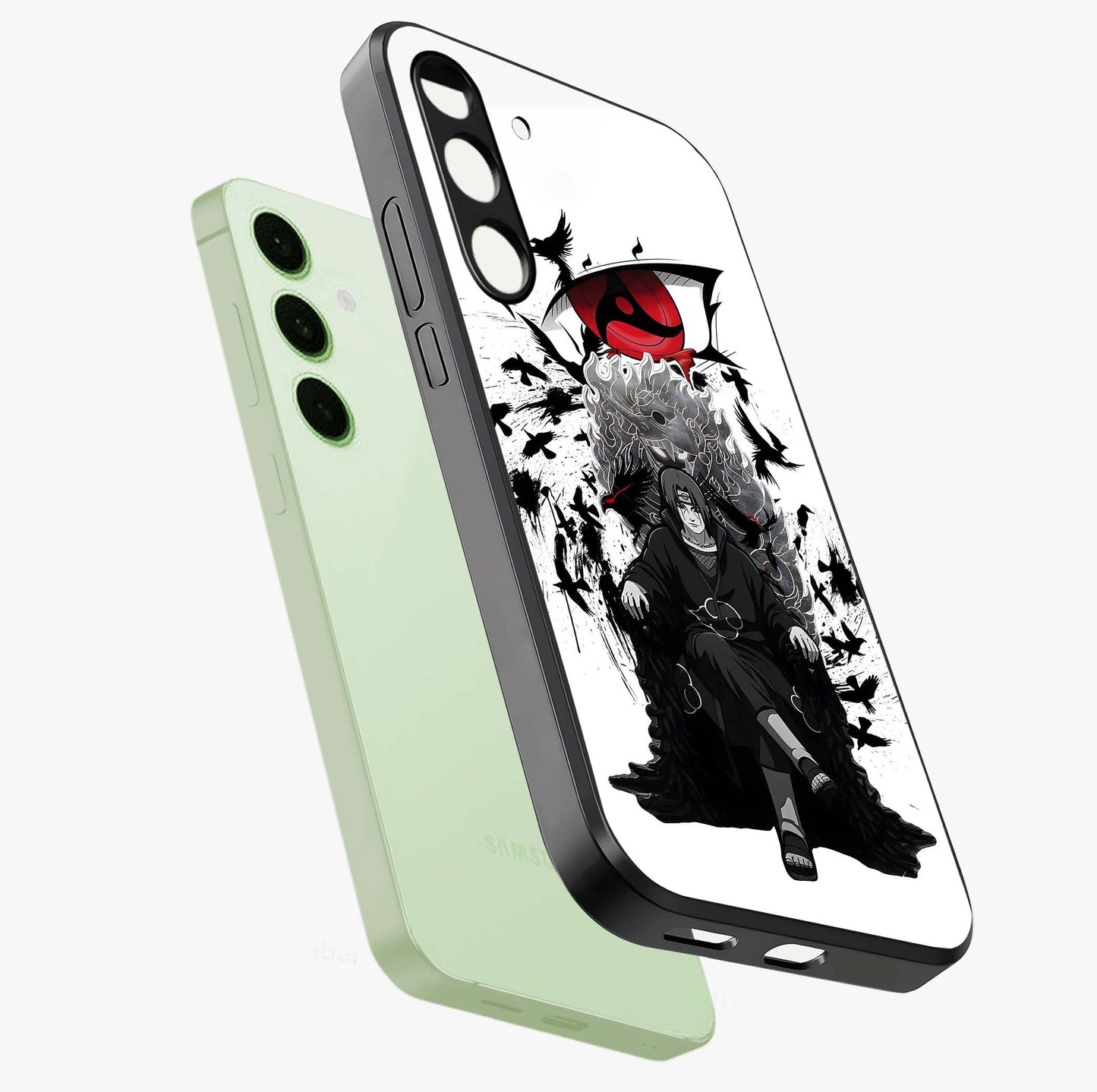 Uchiha Shadow Throne Glass Case displayed in angled mockup highlighting glowing aquatic design with celestial aesthetic.