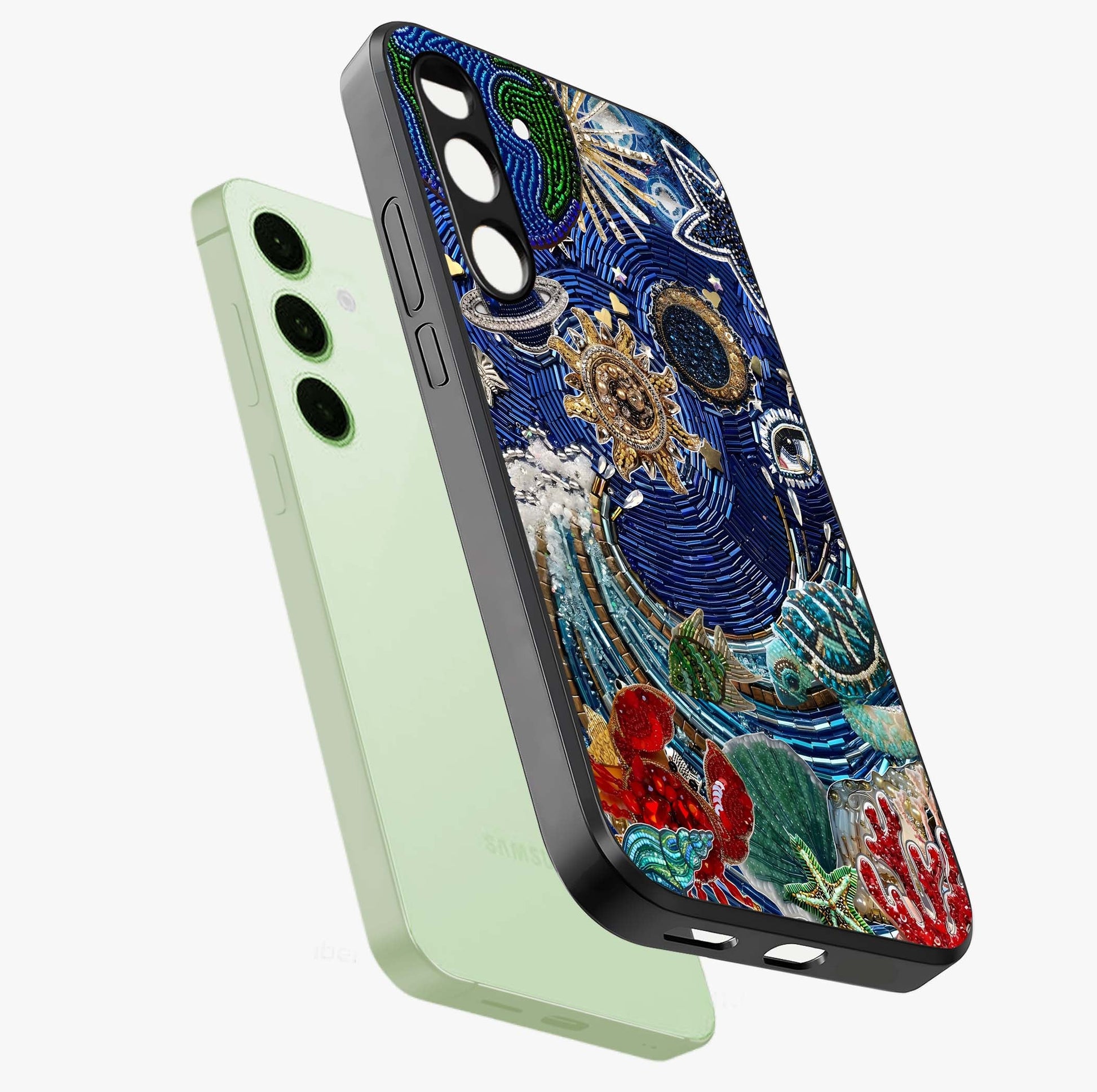 Universe Underwater Spark Glass Case displayed in angled mockup highlighting glowing aquatic design with celestial aesthetic.