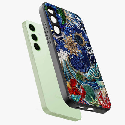 Universe Underwater Spark Glass Case displayed in angled mockup highlighting glowing aquatic design with celestial aesthetic.