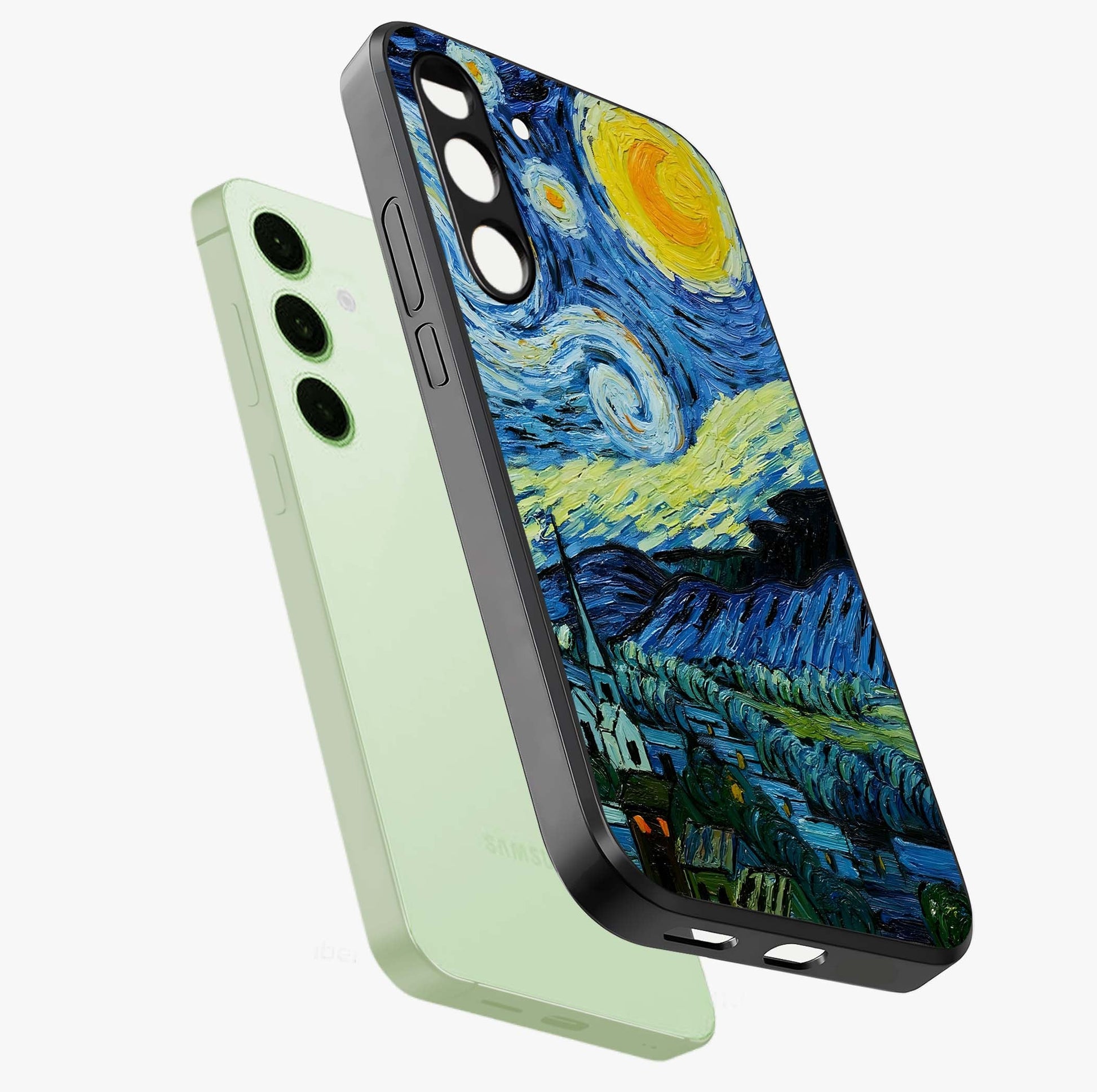 Van Gogh Art Glass Case displayed in angled mockup highlighting swirling brushstroke design with artistic aesthetic.