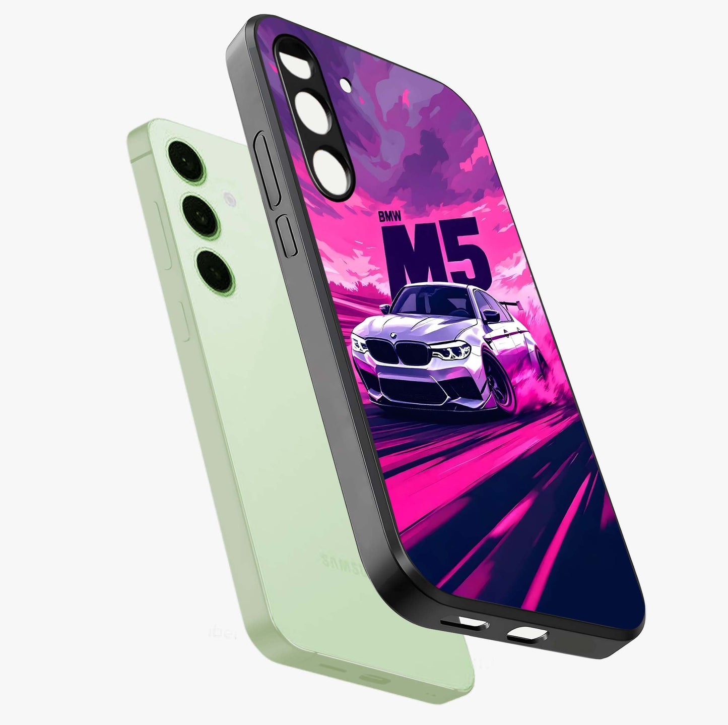Velocity Drift Pulse Glass Case displayed in angled mockup highlighting dynamic drift design with sporty automotive aesthetic.