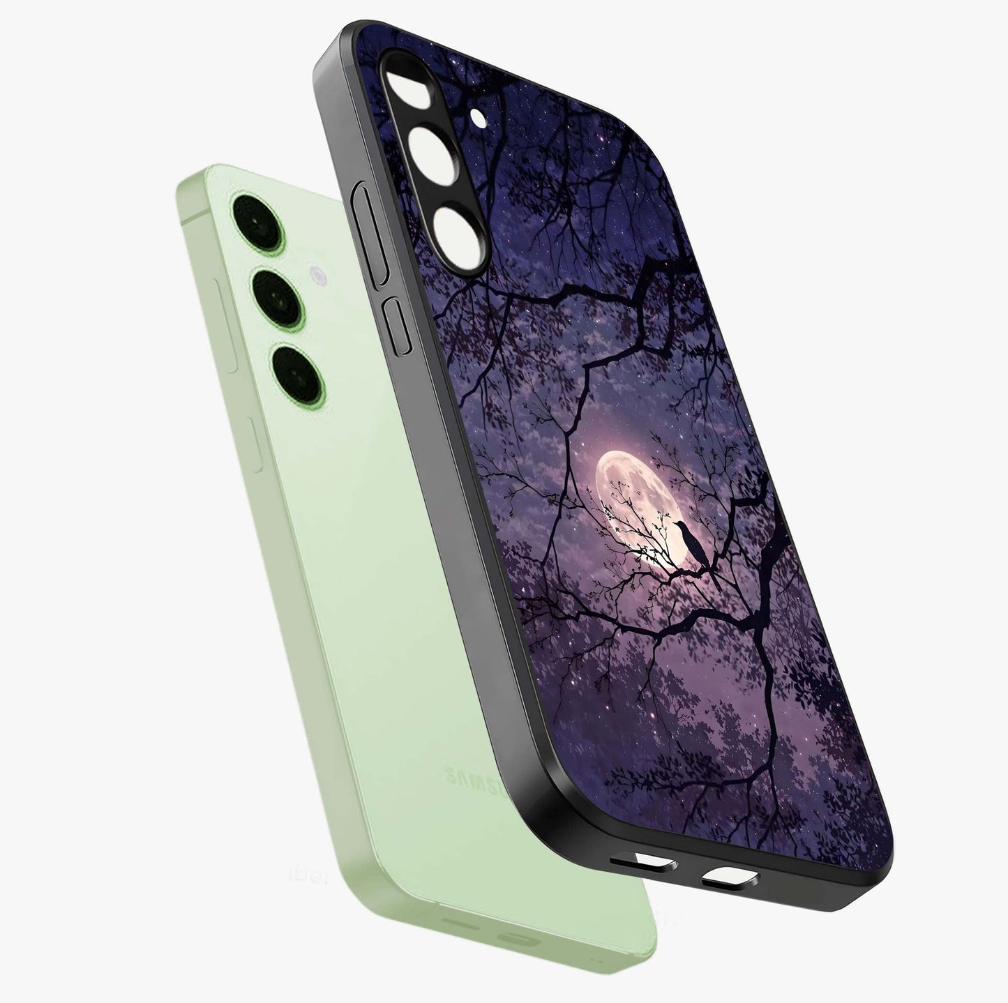 Whispering Moon Silence Glass Case displayed in angled mockup highlighting calm lunar design with dreamy night aesthetic.