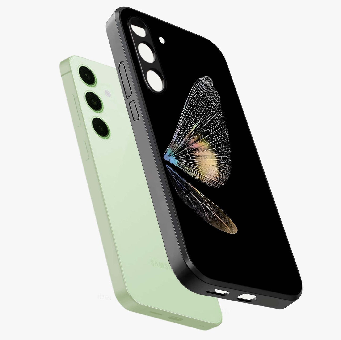 Whispers Of Wings Glass Case displayed in angled mockup highlighting soft feather design with celestial aesthetic style.