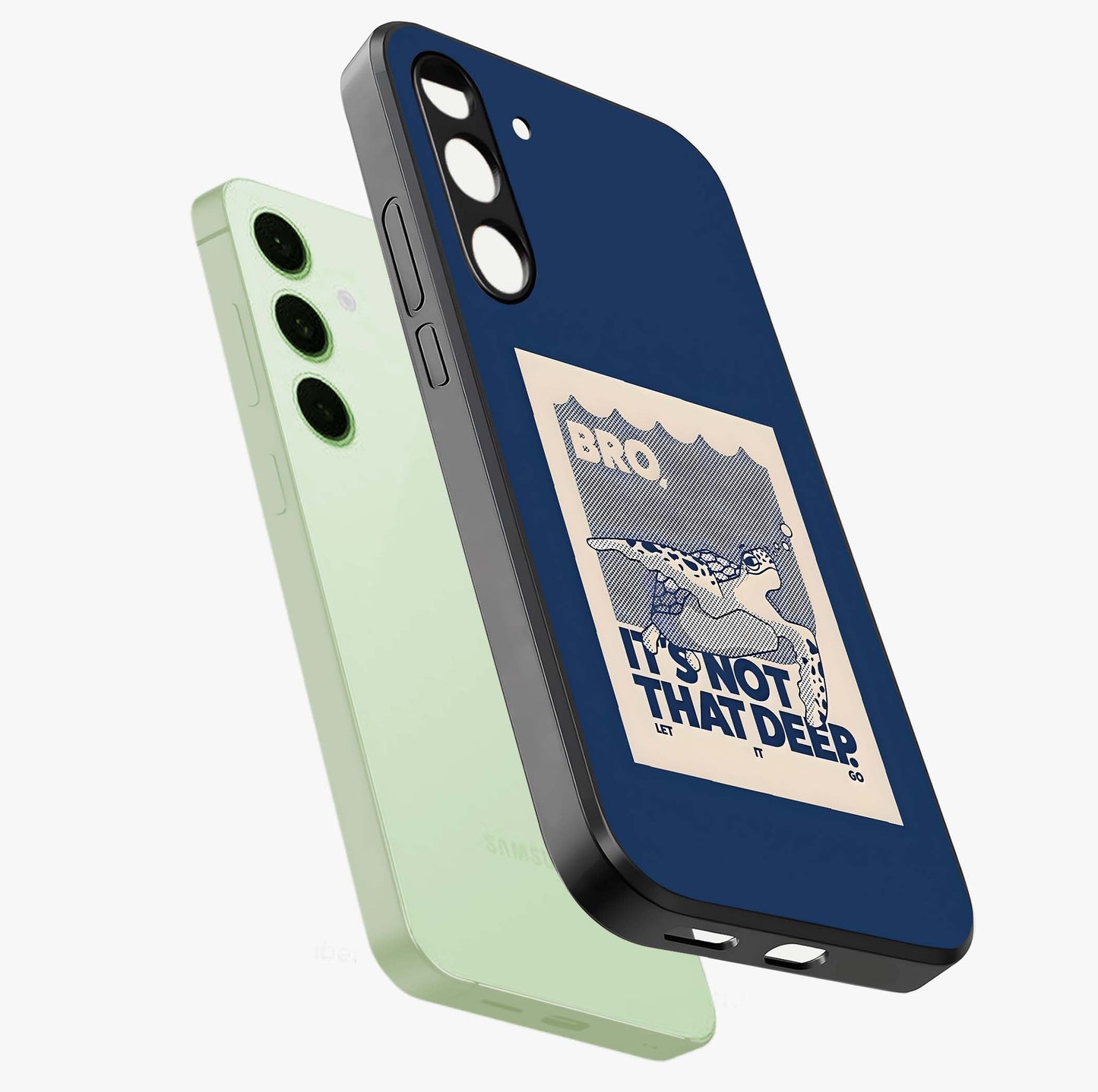 Worry Less Swim Glass Case displayed in angled mockup highlighting fun typography design with relaxed aesthetic style.