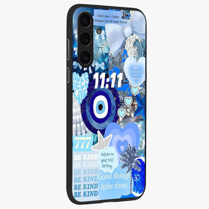 Aesthetic Be Kind Eye Glass Case upright view showcasing stylish eye illustration with positive message theme.
