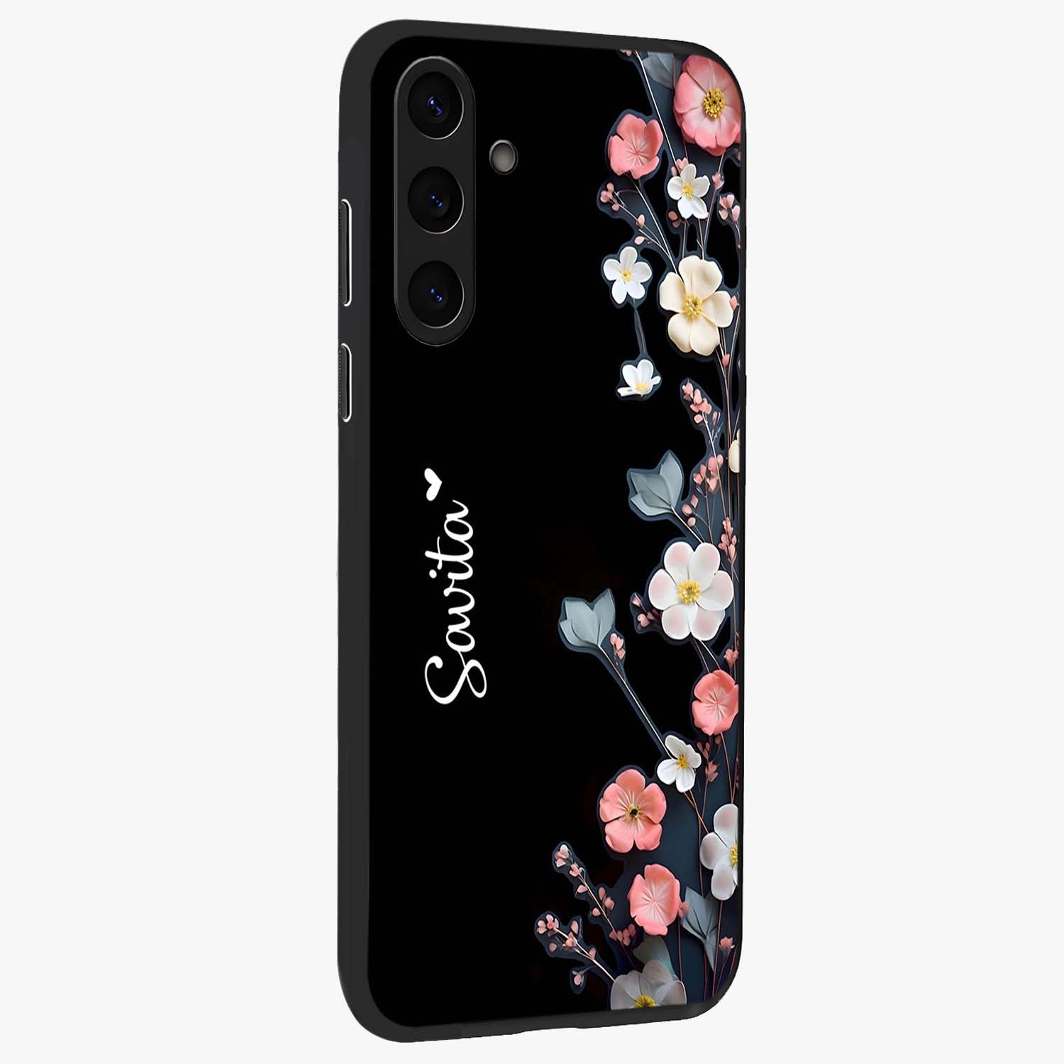 Black Elegance Floral Custom Name Glass Case upright view showcasing luxurious black floral design with personalized name detail.
