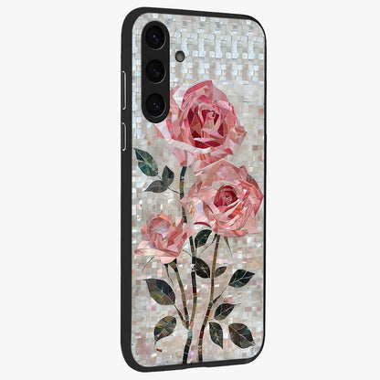 Blush Mosaic Bloom Glass Case upright view showcasing decorative floral mosaic artwork with stylish modern aesthetic.