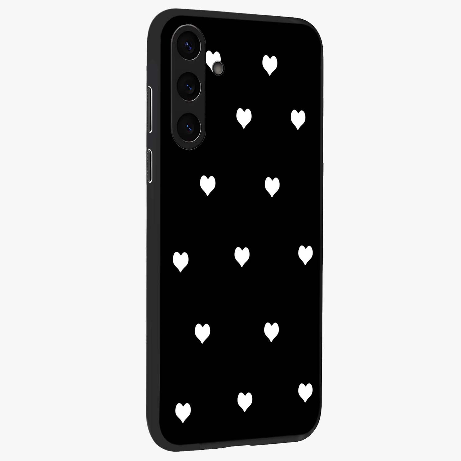 Cute And Simple White Hearts Glass Case upright view showcasing simple white hearts artwork with soft minimal theme.