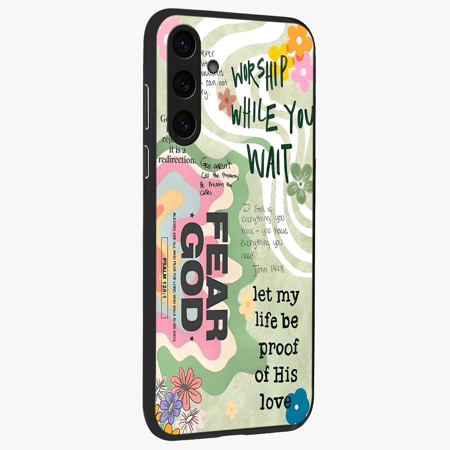 Faith Over Fear Glass Case upright view showcasing bold typography artwork with uplifting motivational theme.