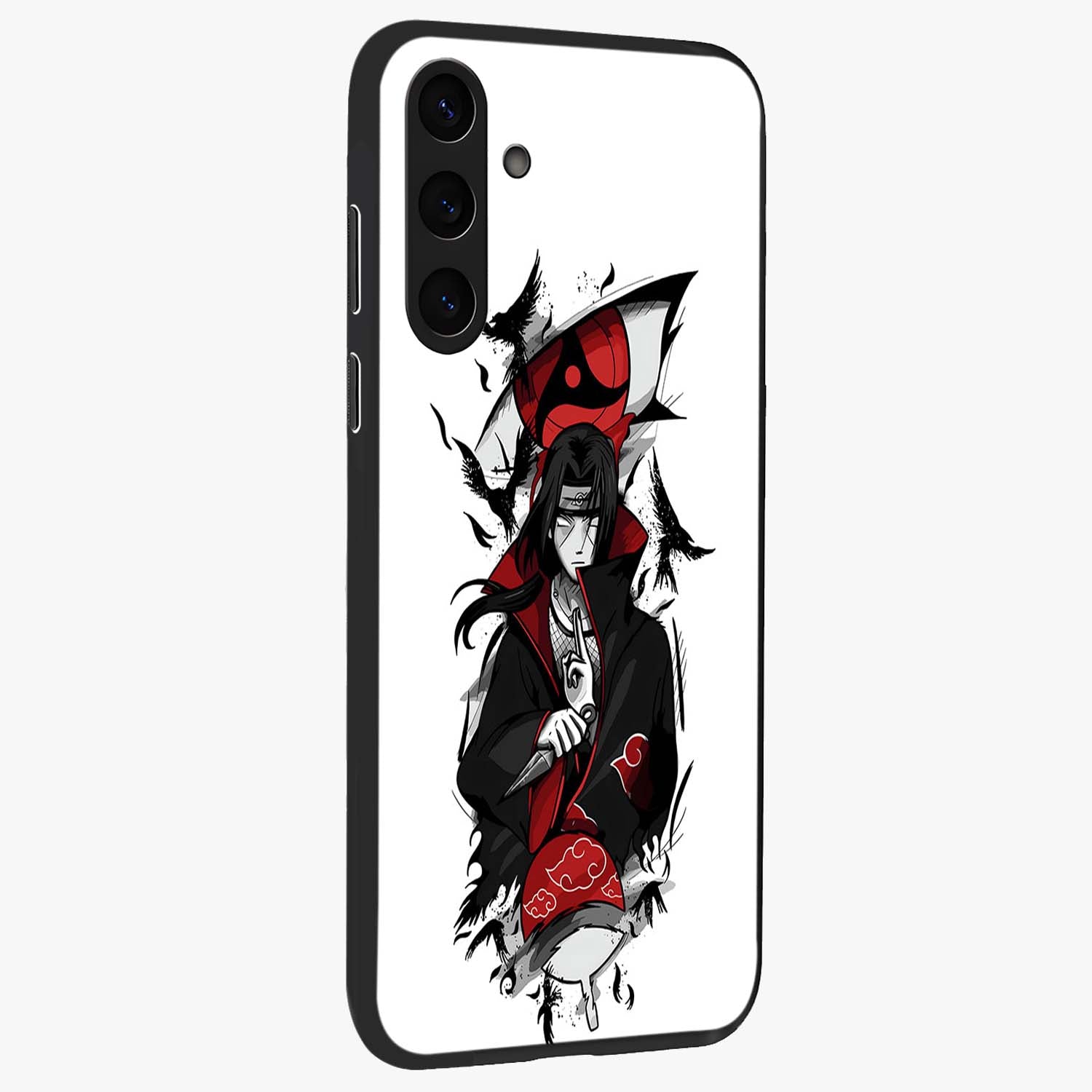 Itachi Sharingan Glass Case upright view showcasing intense anime eye artwork with bold character theme.