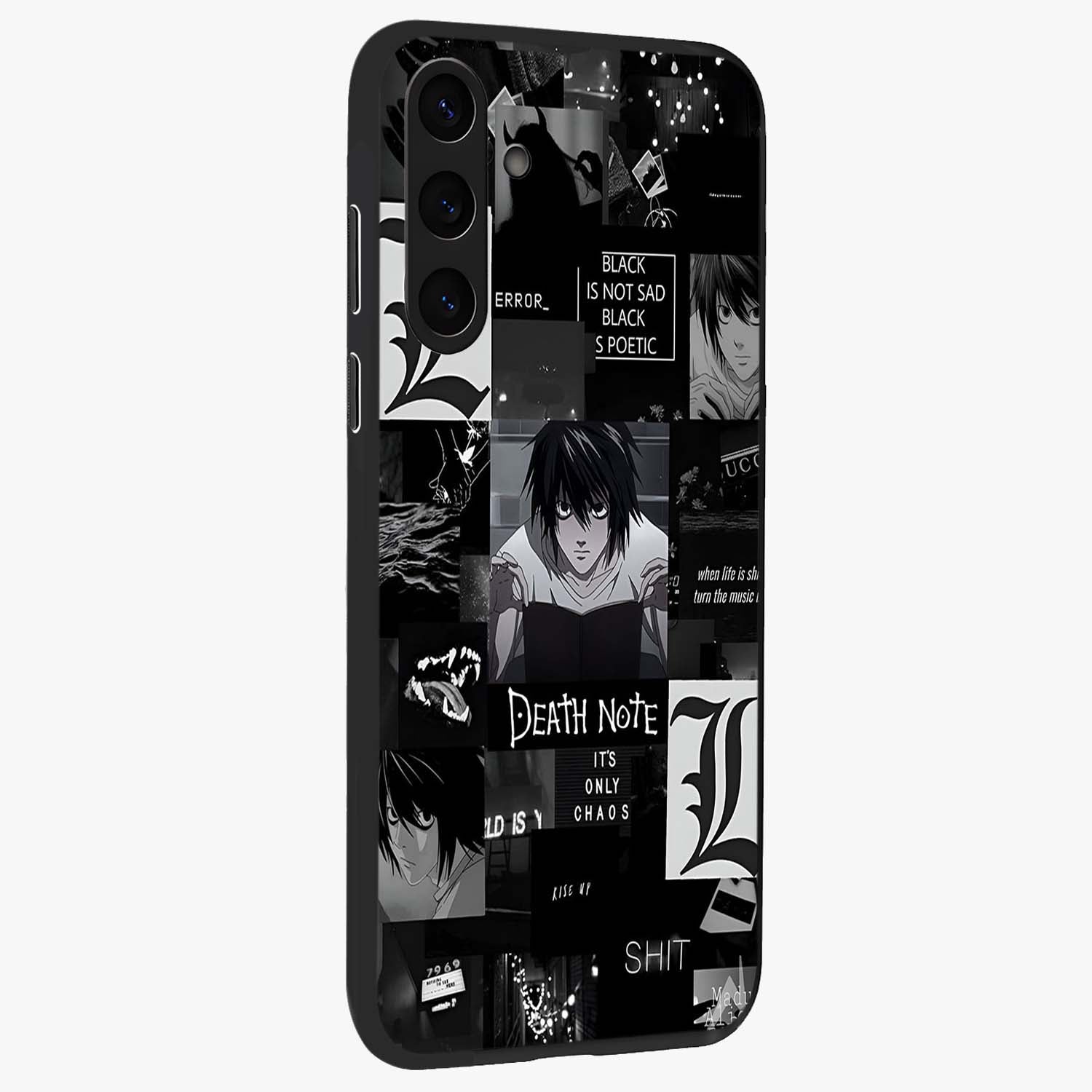 Midnight Chaos Mind Glass Case upright view showcasing expressive abstract artwork with bold dark theme.