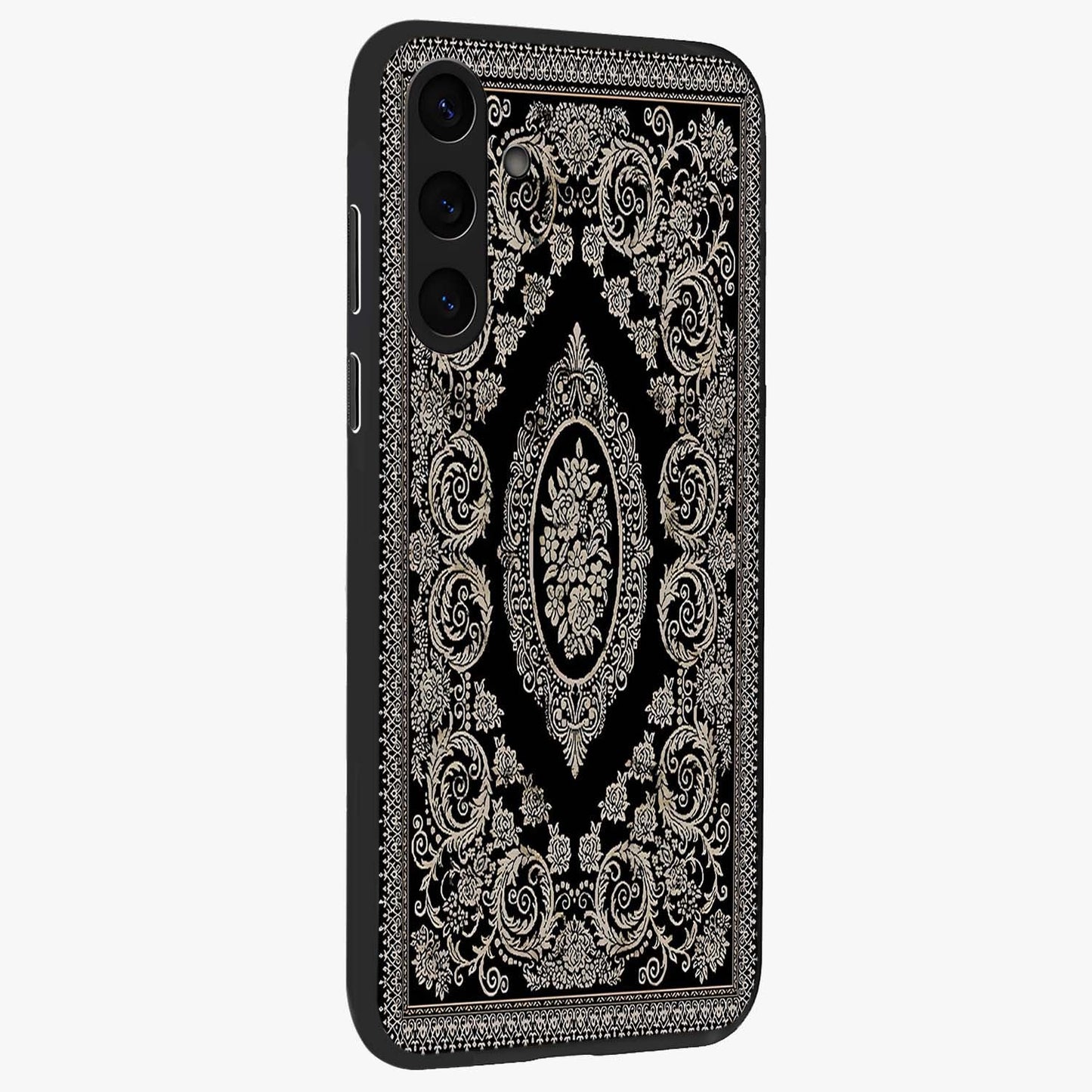 Noir Bloom Elegance Glass Case upright view showcasing graceful floral artwork with luxurious dark theme.