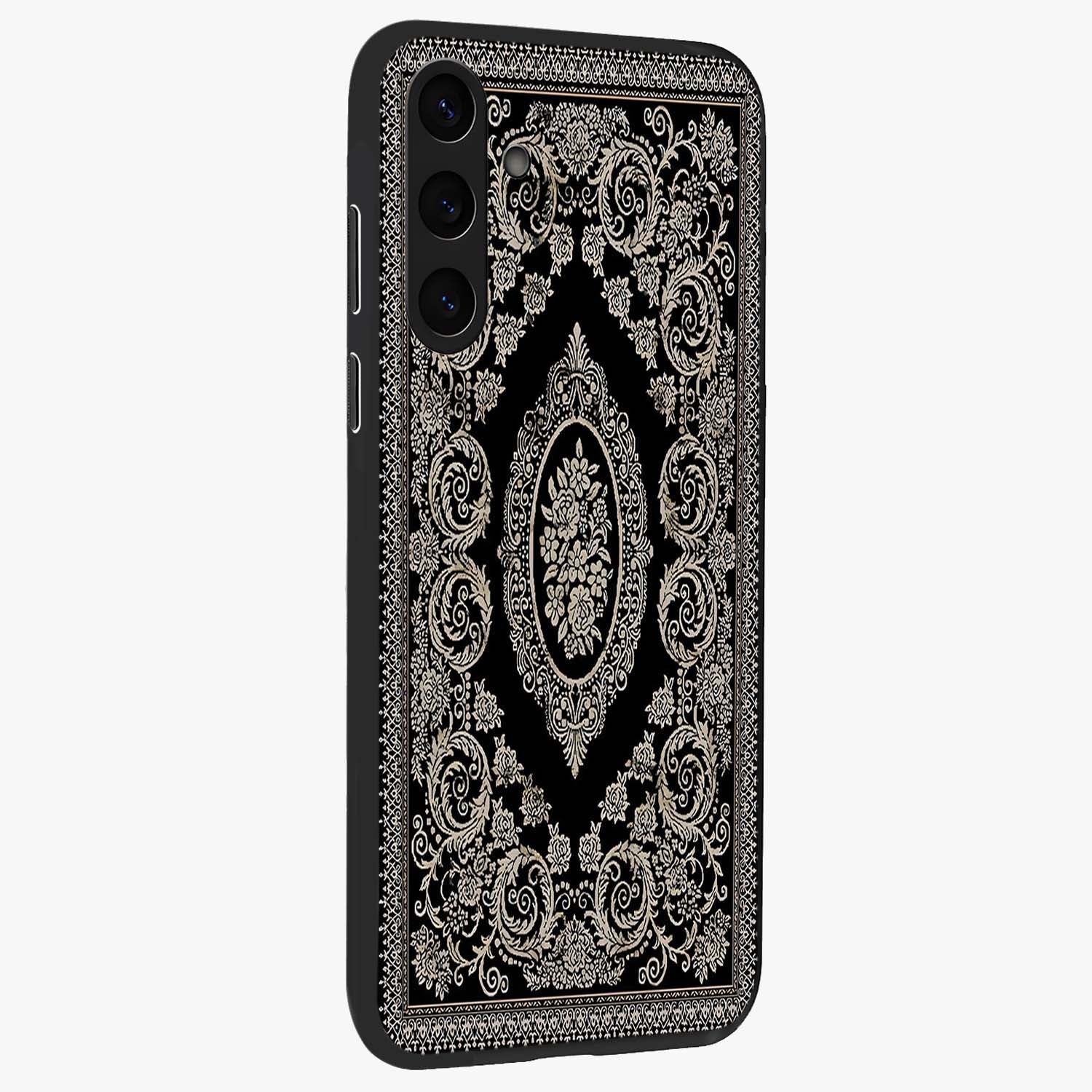 Noir Bloom Elegance Glass Case upright view showcasing graceful floral artwork with luxurious dark theme.