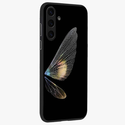 Whispers Of Wings Glass Case upright view showcasing elegant wing artwork with light airy theme.