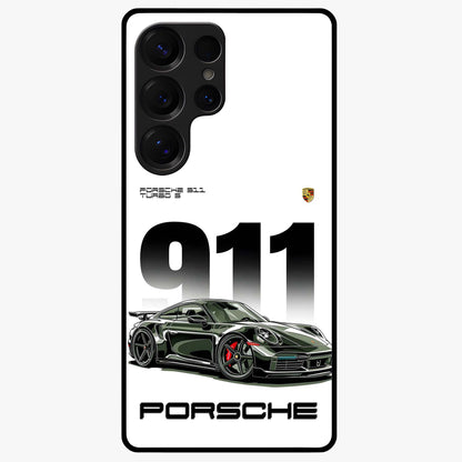 911 Turbo Dominance Glass Case showing clean flat back view with bold 911 sports car artwork and glossy glass finish.
