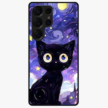 Abstract Cat Art Glass Case showing flat back view with artistic cat illustration and glossy glass finish.