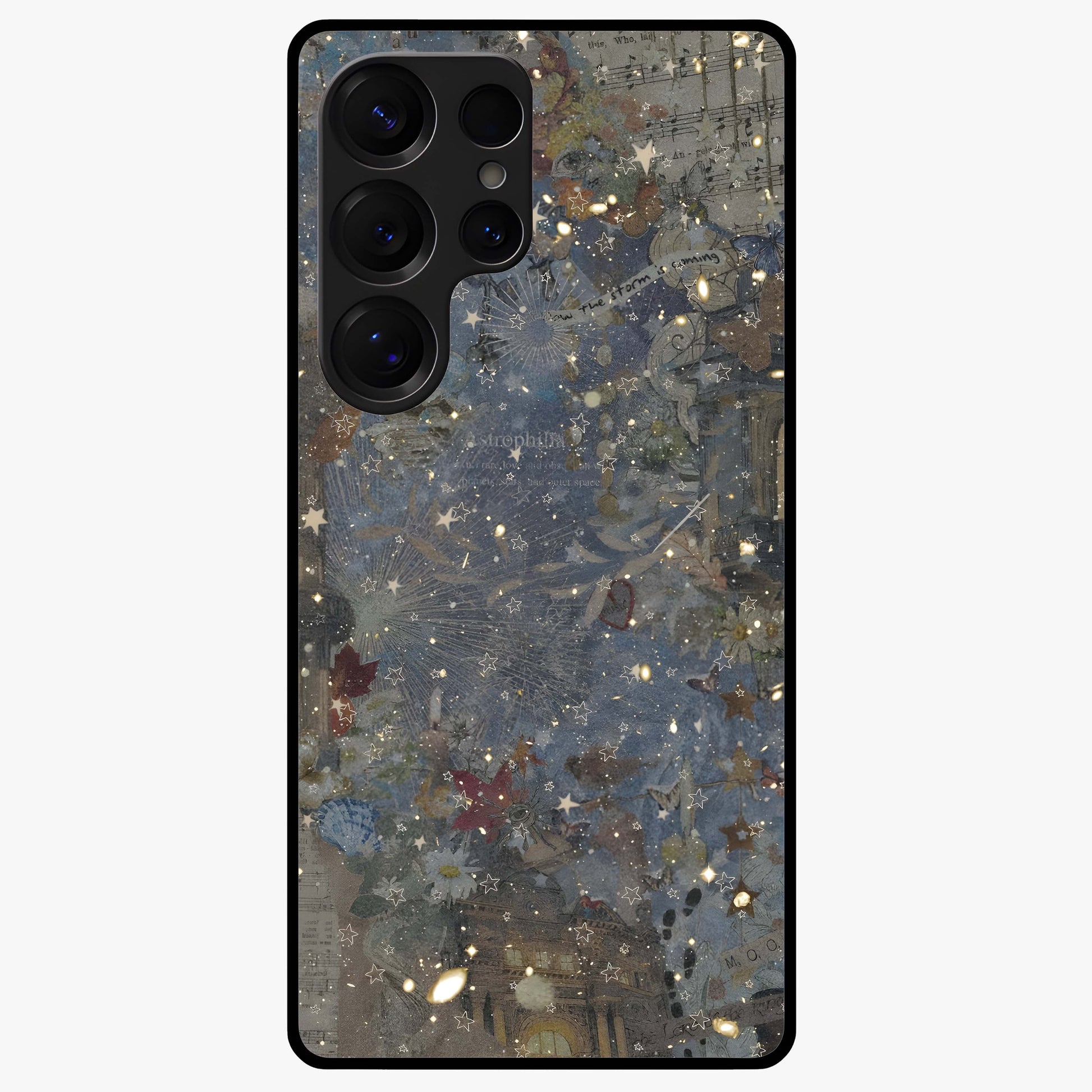 Aesthetic Astrolophia Glass Case showing flat back view with dreamy aesthetic design and glossy glass finish.