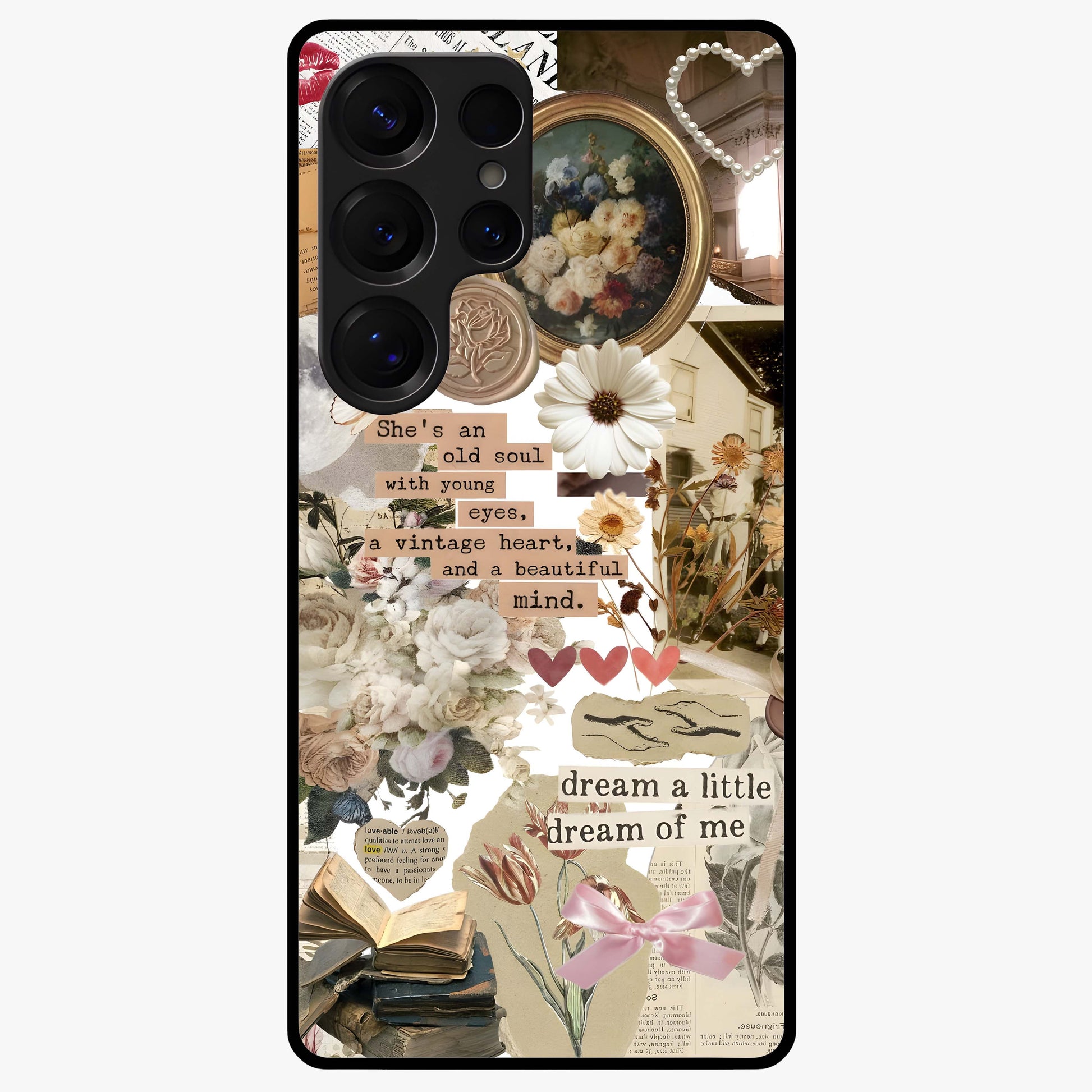 Aesthetic Brown Vintage Collage Glass Case showing flat back view with retro collage artwork and glossy glass finish.