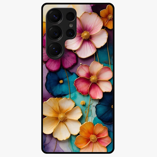 Artlyn Grace Flower Pattern Glass Case showing flat back view with elegant floral pattern artwork and glossy glass finish.