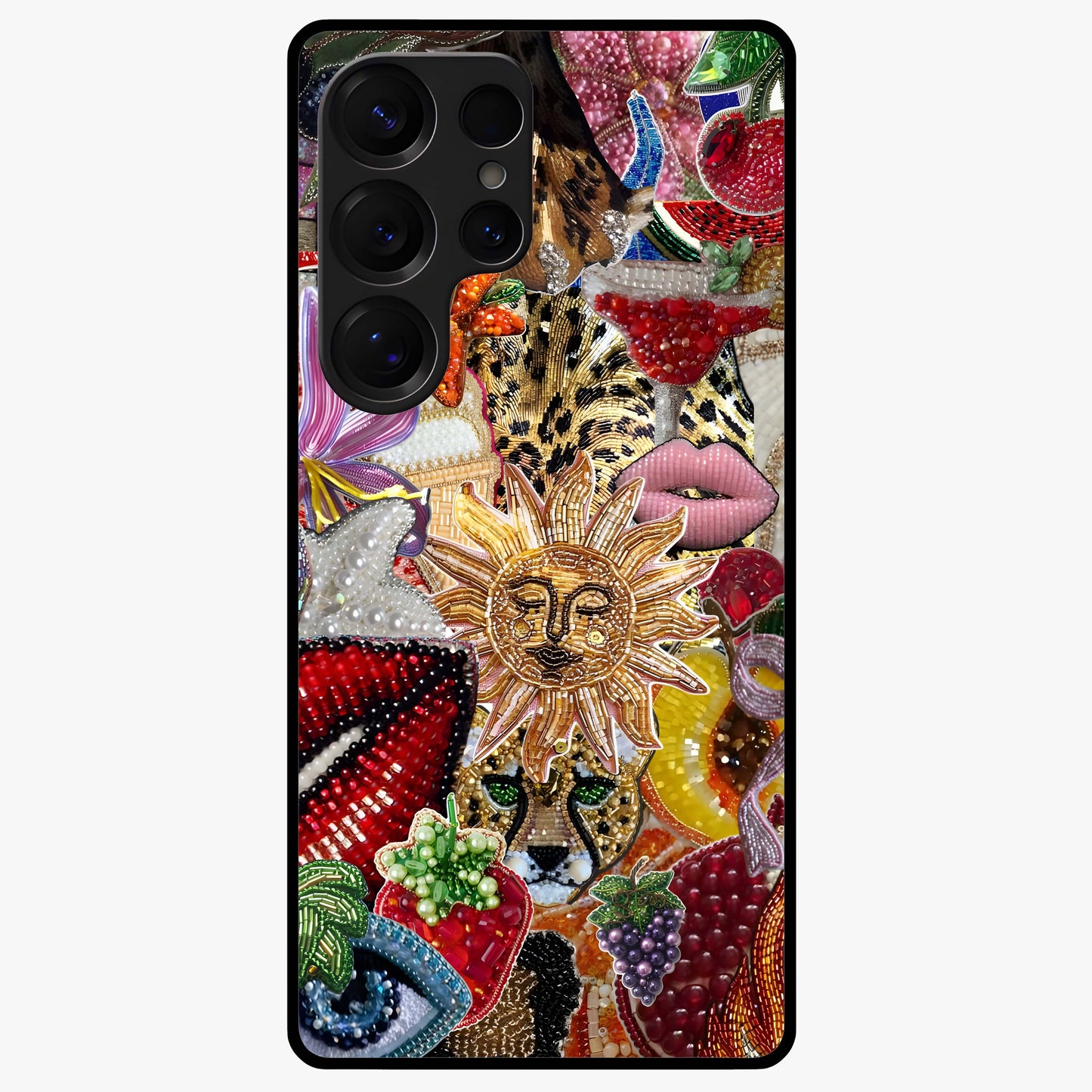 Beaded Fashion Jungle Glass Case showing flat back view with vibrant jungle inspired bead artwork and glossy glass finish.