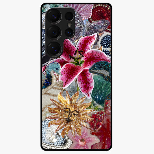 Beaded Garden Fantasy Glass Case showing flat back view with dreamy garden bead artwork and glossy glass finish.