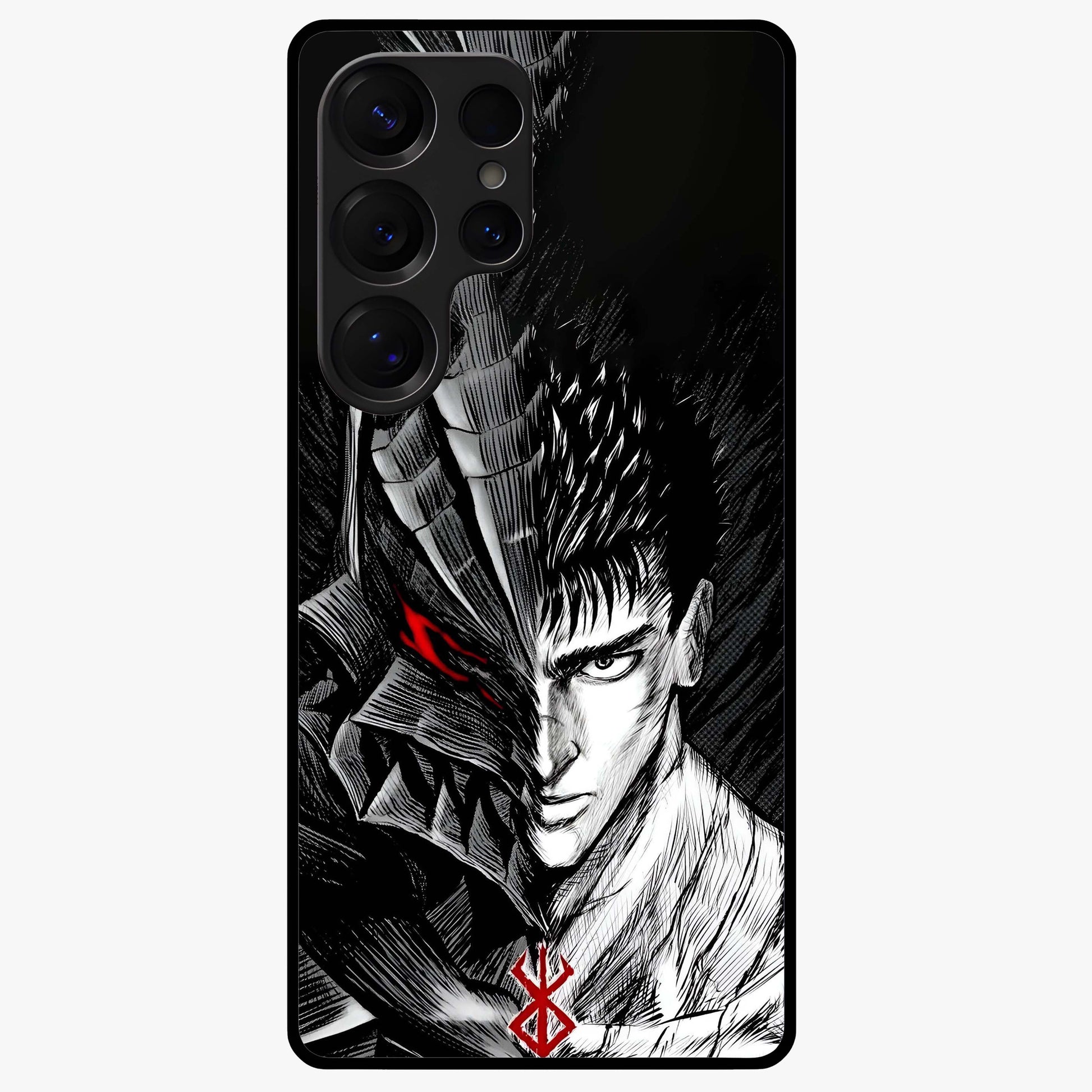 Berserker Blood Oath Glass Case showing flat back view with fierce warrior inspired artwork and glossy glass finish.