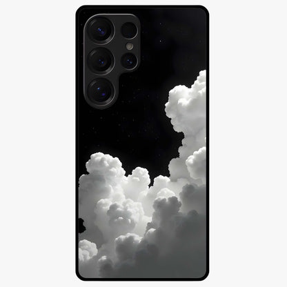 Black Background With White Cloud Glass Case showing flat back view with minimal cloud artwork on dark background and glossy glass finish.