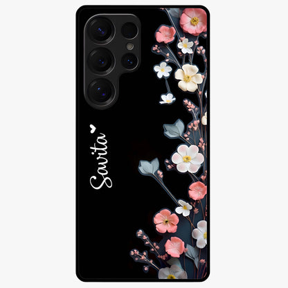 Black Elegance Floral Custom Name Glass Case showing flat back view with elegant floral artwork and personalized name design.