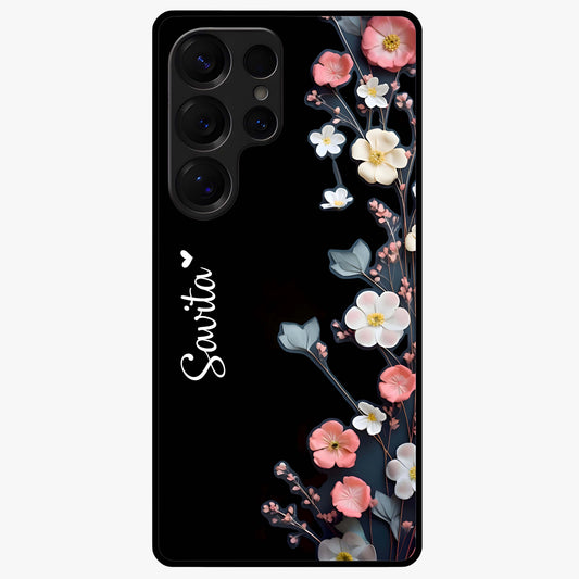 Black Elegance Floral Custom Name Glass Case showing flat back view with elegant floral artwork and personalized name design.