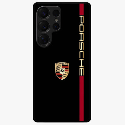 Black Minimal Porsche Glass Case showing flat back view with sleek minimal sports car artwork and glossy glass finish.