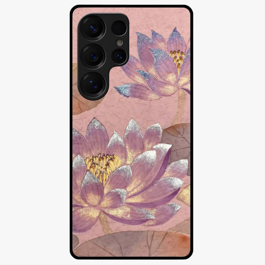 Blossom Mist Lotus Glass Case showing flat back view with serene lotus blossom artwork and glossy glass finish.